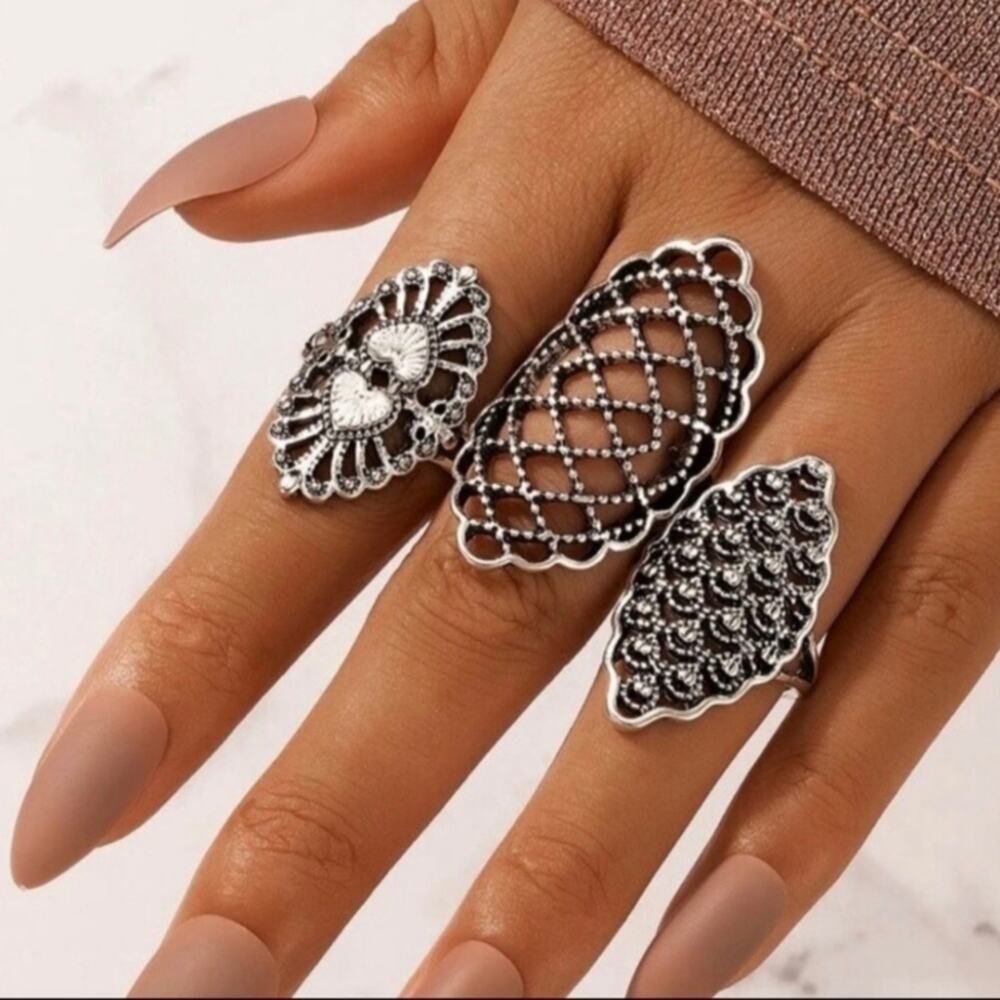 Women's Fashion Three-piece Hollow Ring Set in Silver Tone Size 6 to Size 7.25